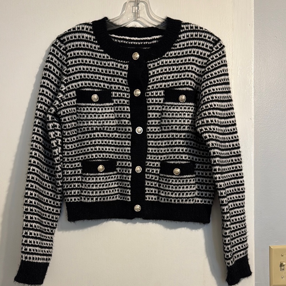 Cider Black and White Button-Up Cardigan